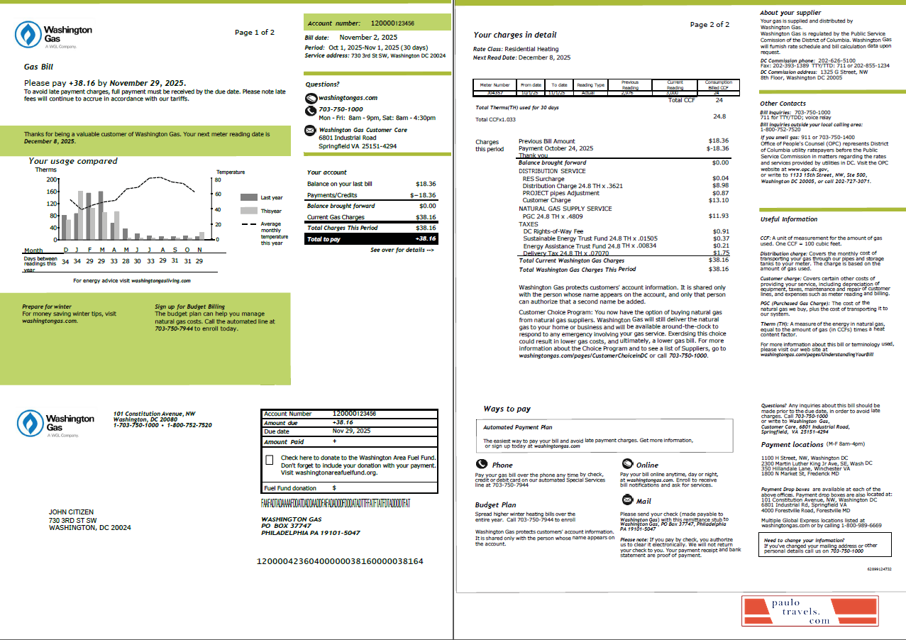 USA Washington Gas utility bill template in Word and PDF formats, 2 pages